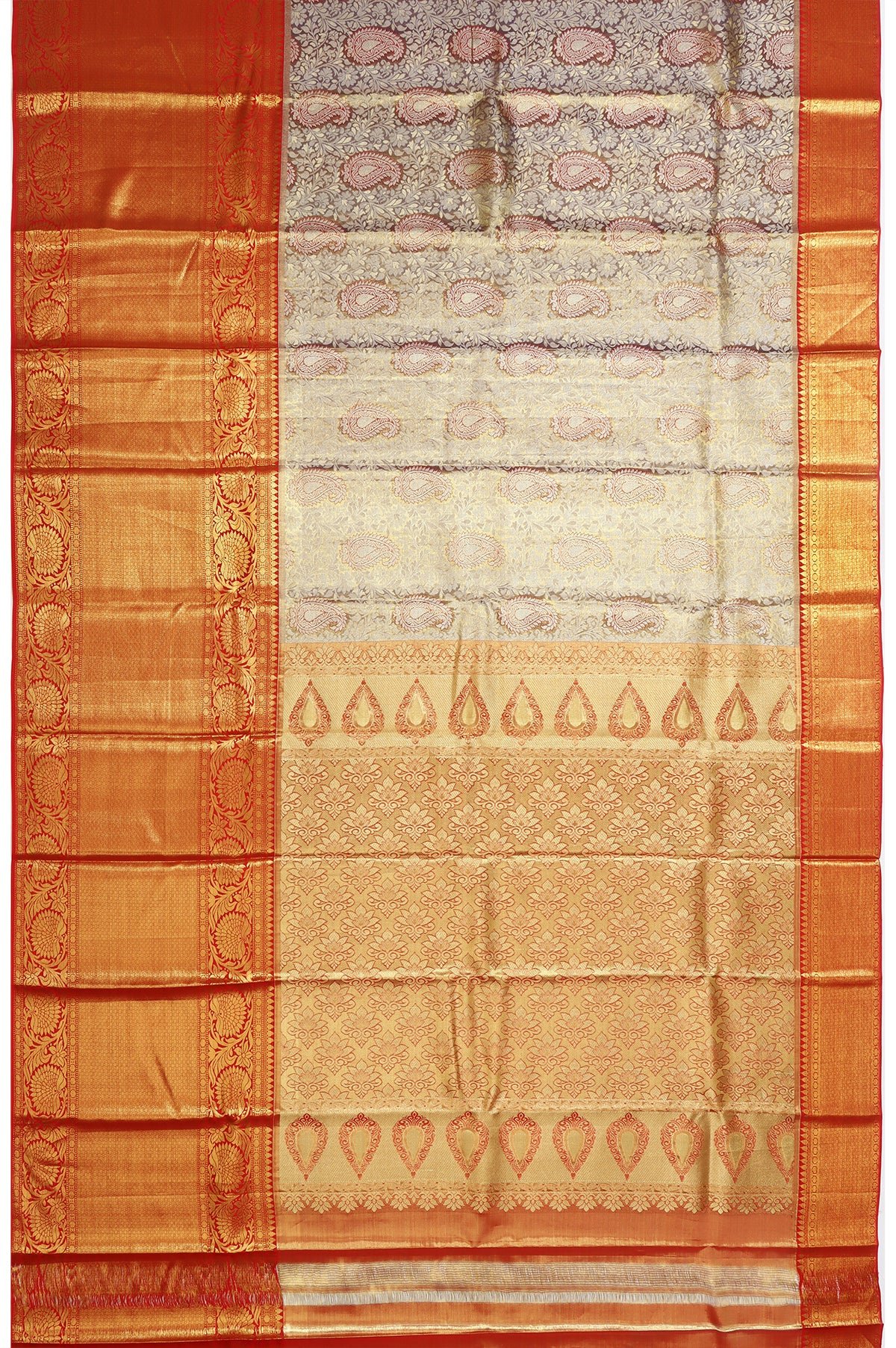 Blue Kanchipuram Silk Saree with Floral Zari and Red Pallu Regular price - Image 4