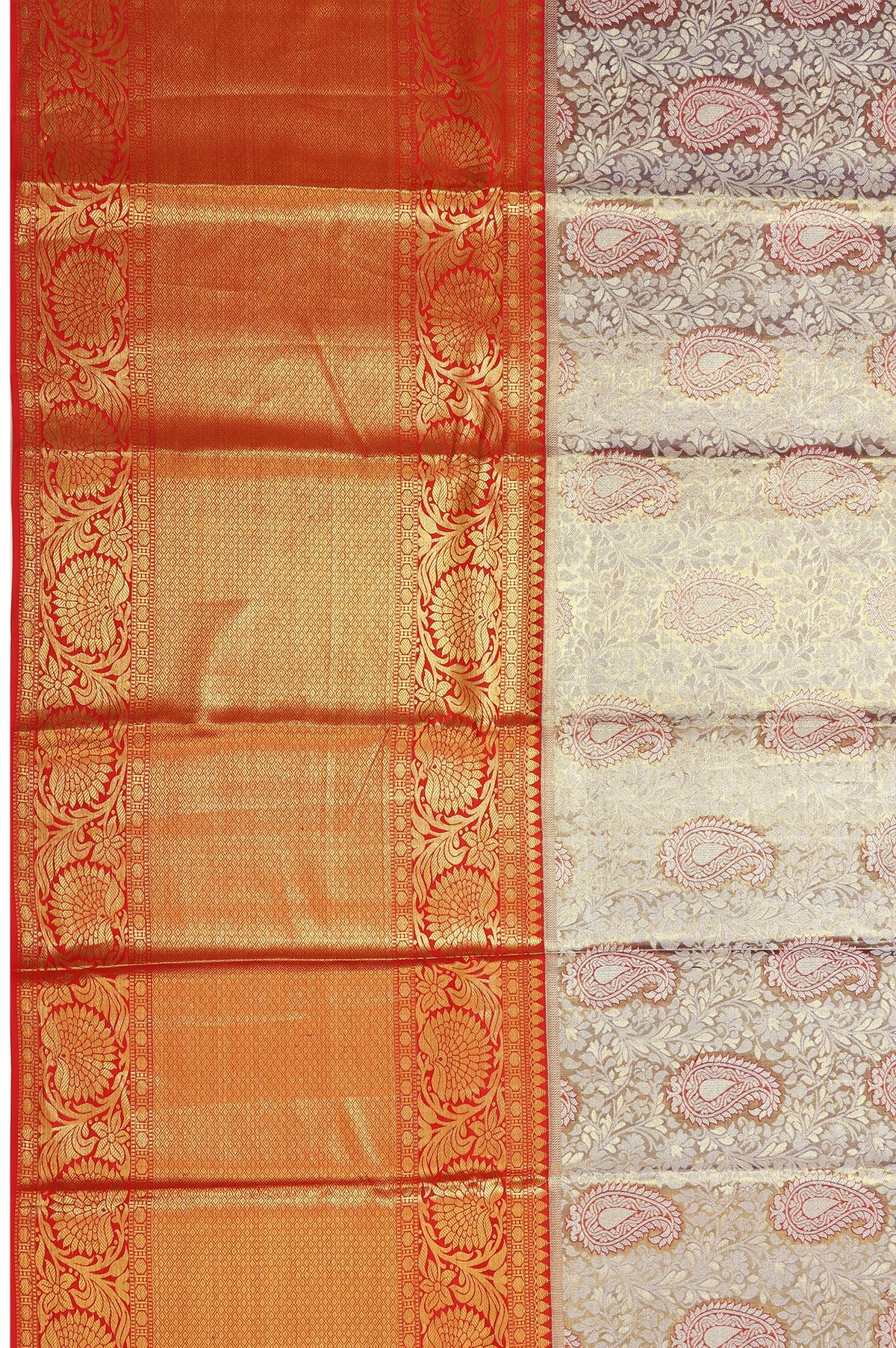 Blue Kanchipuram Silk Saree with Floral Zari and Red Pallu Regular price - Image 3