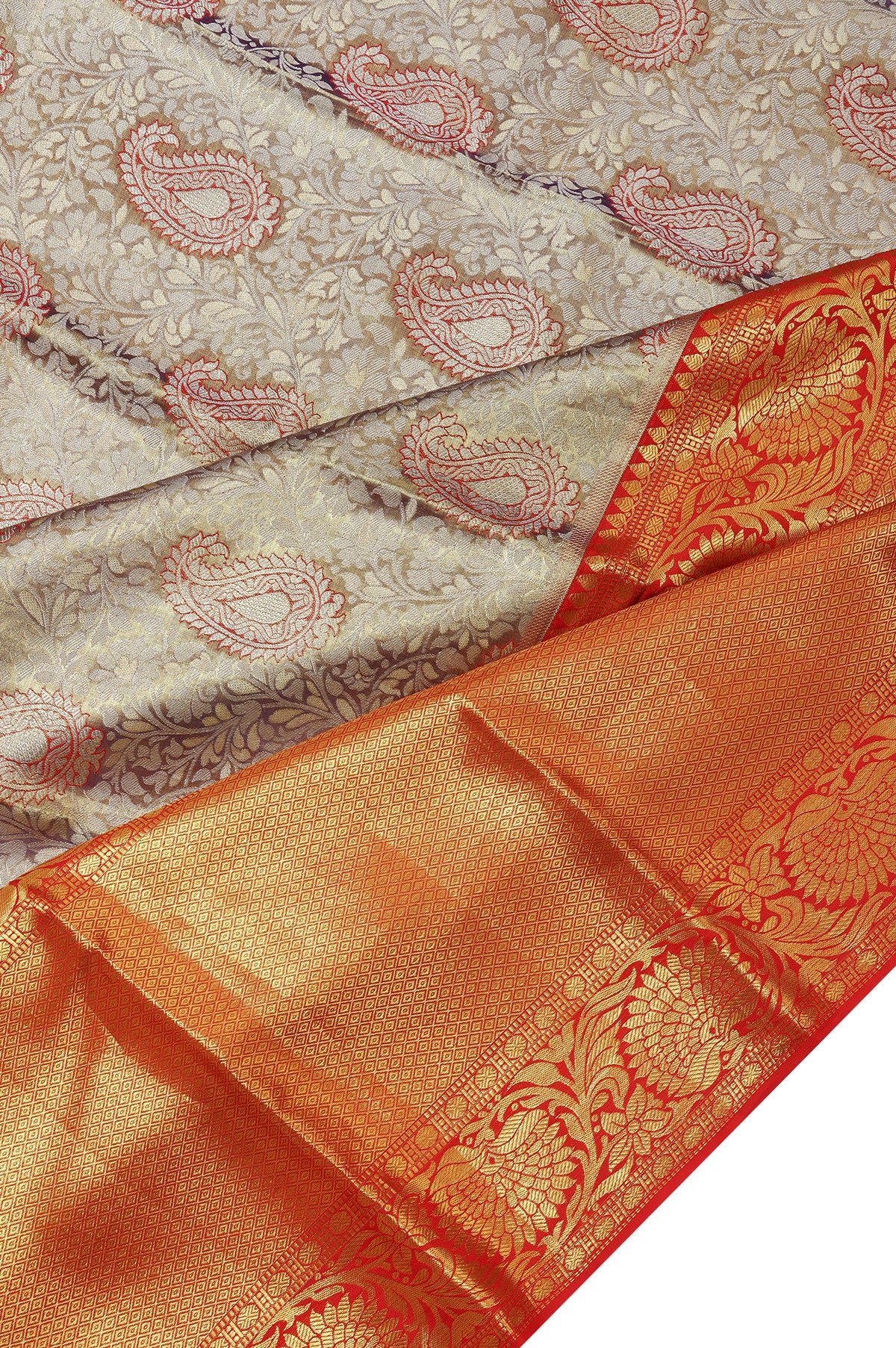 Blue Kanchipuram Silk Saree with Floral Zari and Red Pallu Regular price - Image 2
