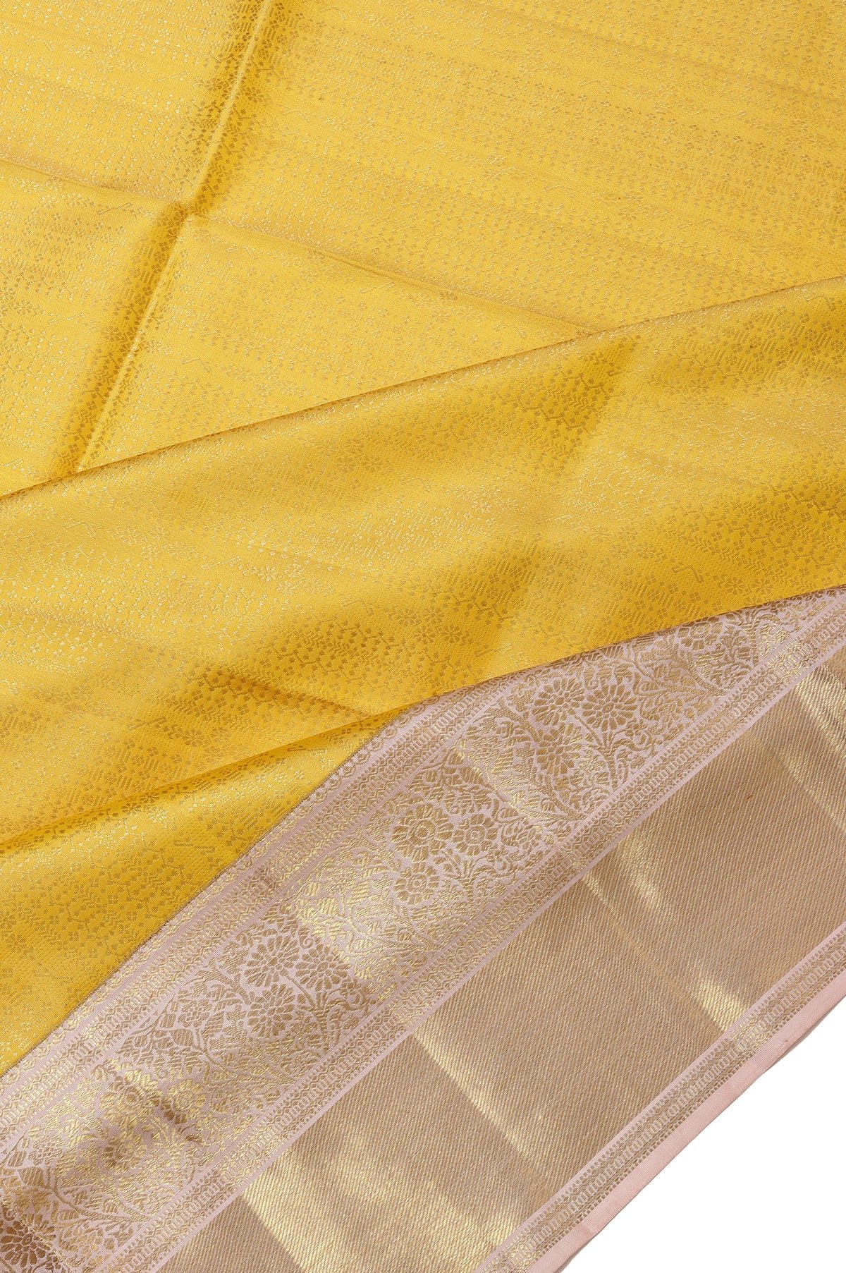 Yellow Kanchipuram Silk Saree with Onion Pink Zari Pallu - Image 2