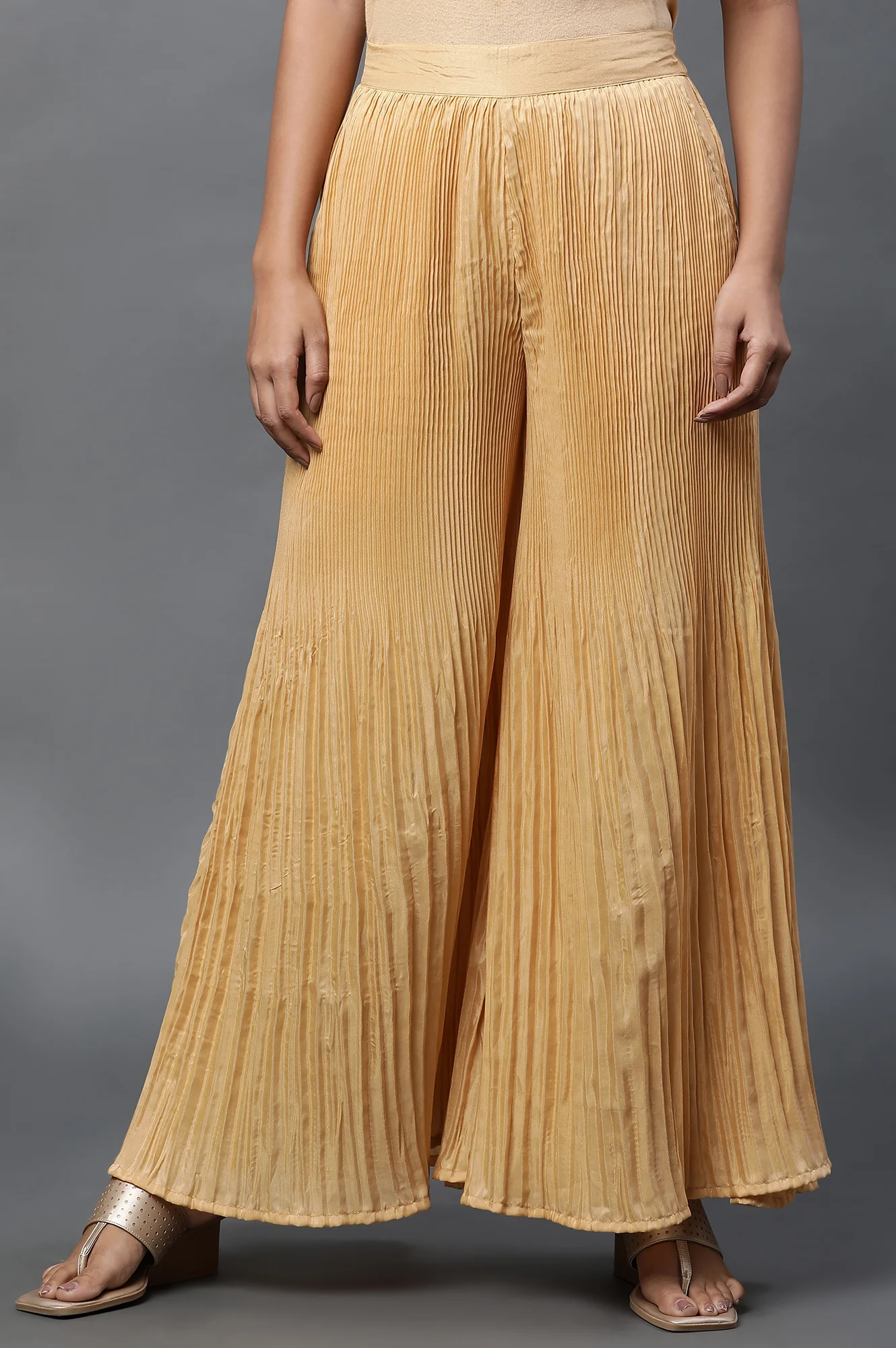 Gold Solid Flared Woven Sharara With Pleats
