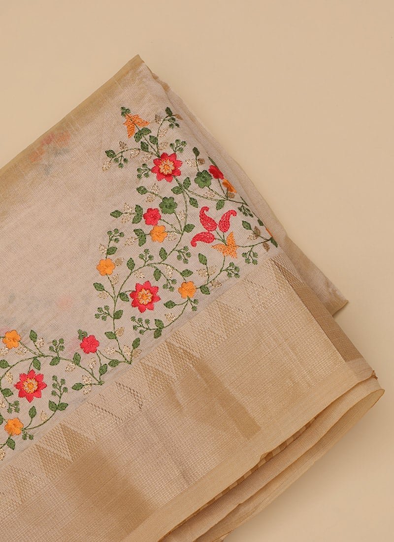 Assam Cotton Silk Thread Embroidered Work Temple Contrast Border Saree Festive Wear - Image 8