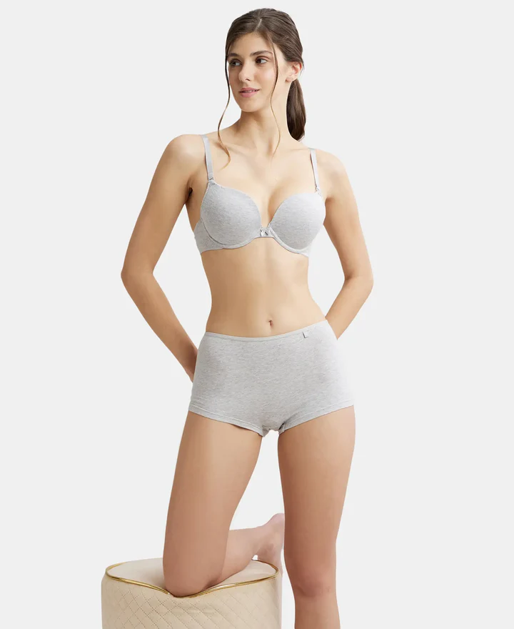 Steel Grey Mélange Padded Wired Super Combed Cotton Elastane Stretch Medium Coverage Pushup Bra with Plunge Neck - Image 7