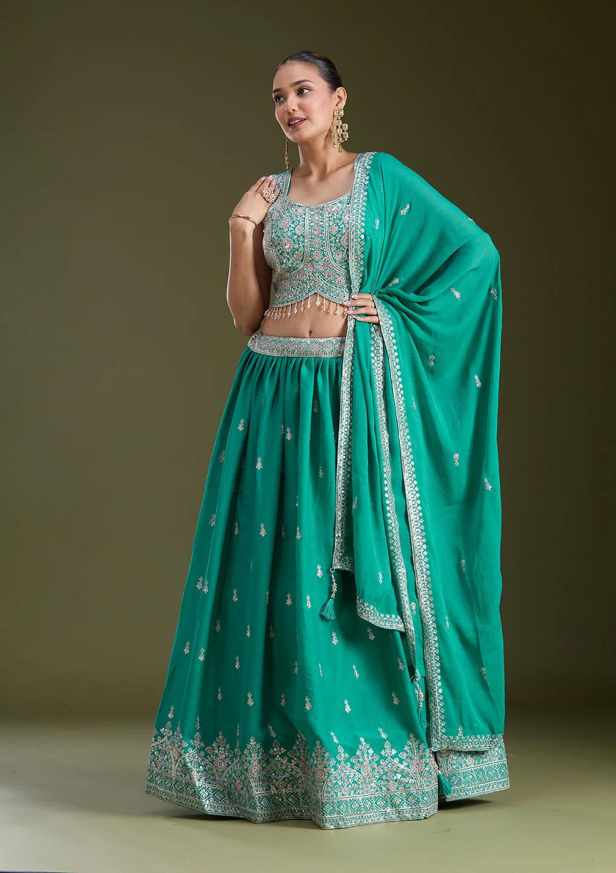 Sea Green Zariwork (Silver) Soft Raw Silk Readymade Lehenga - Image 2