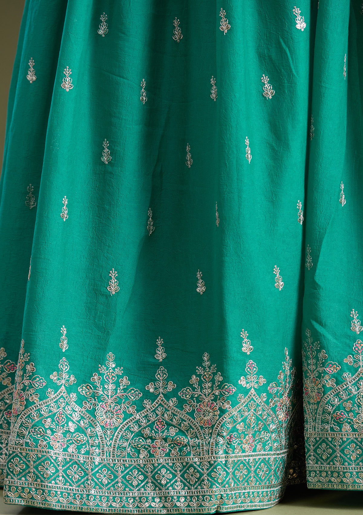 Sea Green Zariwork (Silver) Soft Raw Silk Readymade Lehenga - Image 5