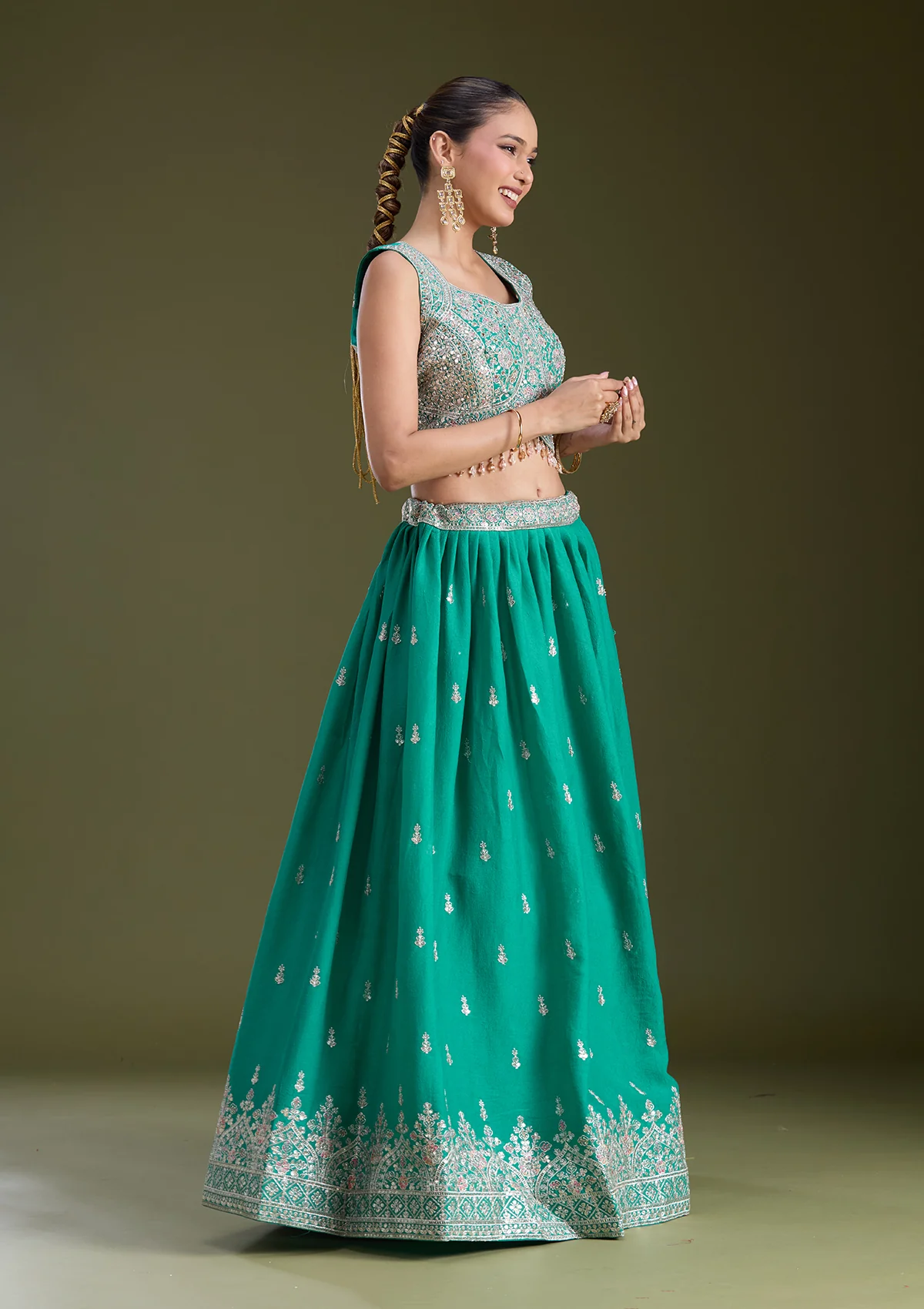 Sea Green Zariwork (Silver) Soft Raw Silk Readymade Lehenga - Image 7