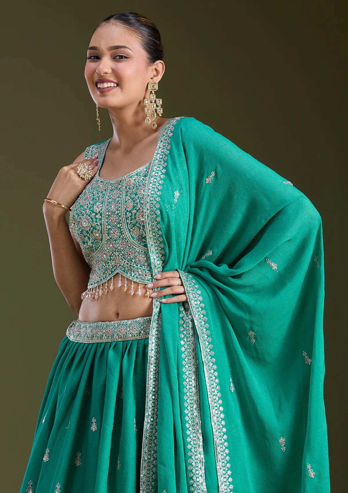 Sea Green Zariwork (Silver) Soft Raw Silk Readymade Lehenga - Image 8