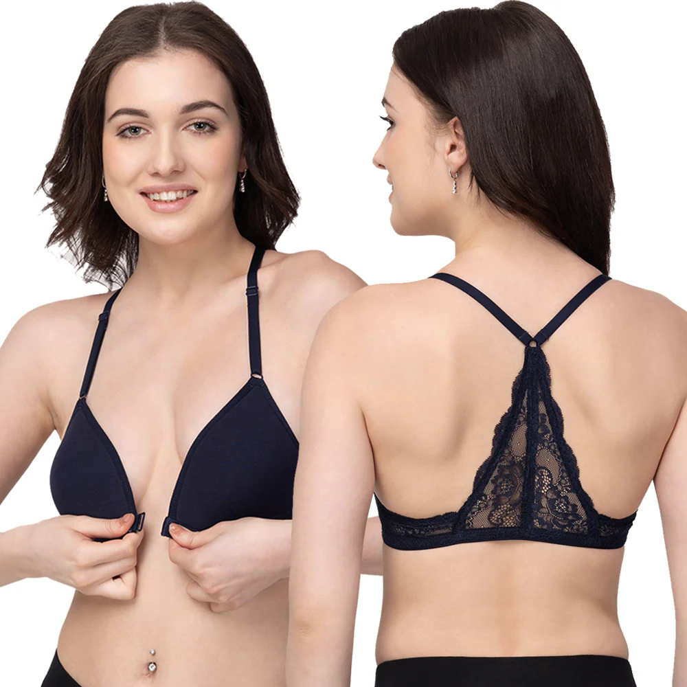 Navy Blue Non-Wired Lightly Padded Medium Coverage Women's Front-Open Bra - Image 5