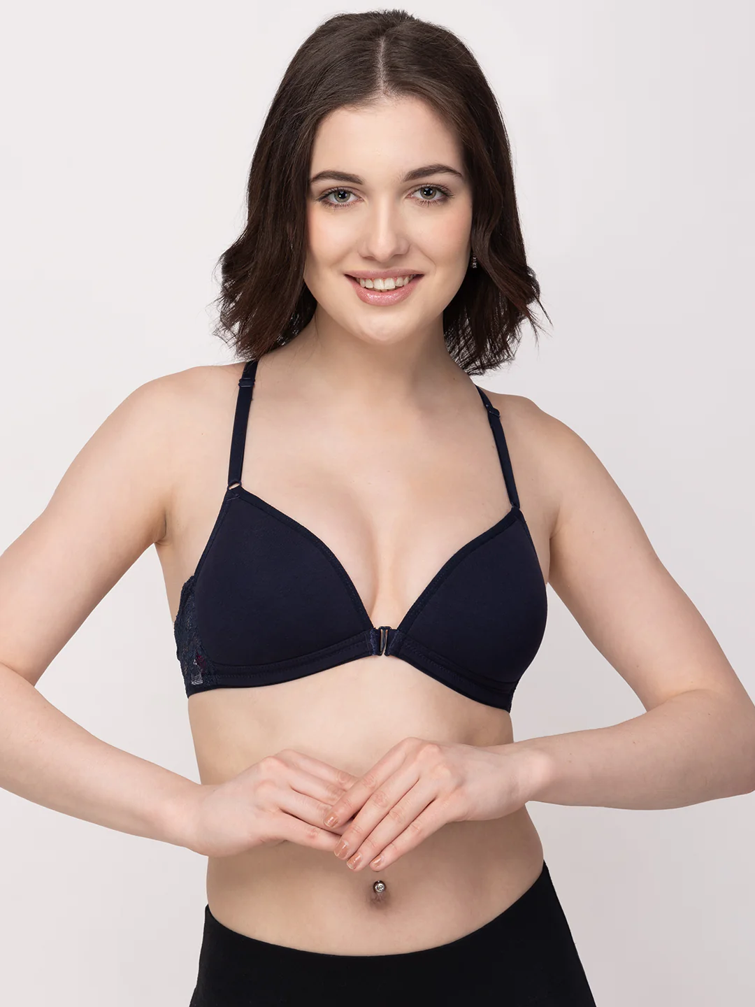 Navy Blue Non-Wired Lightly Padded Medium Coverage Women's Front-Open Bra - Image 7