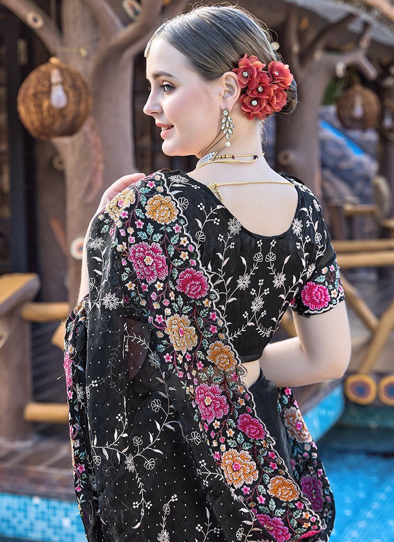 Black Organza Floral Embroidered Sequins Stone Embossed Saree Festive Wear - Image 2