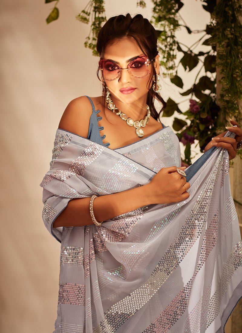 White Faux Georgette Sequins Sari Party Wear - Image 2