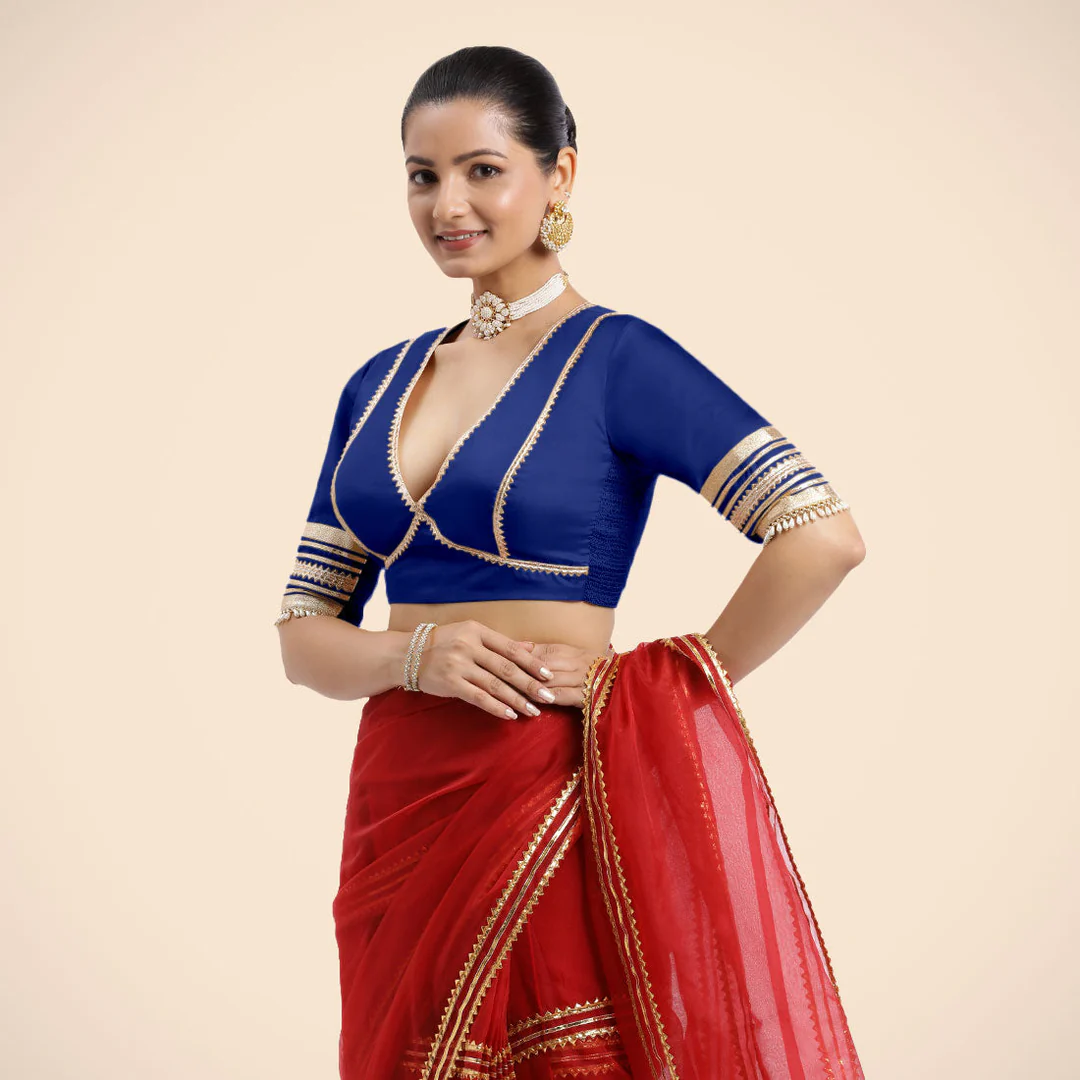 Cobalt Blue Embellished Elbow Sleeves Saree Blouse with Plunging V Neckline with Tasteful Royal Blue Gota Lace - Image 6